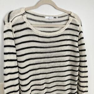 360 Sweater Womens S 100% Linen Slouchy White Striped Open Knit Sweater Coastal